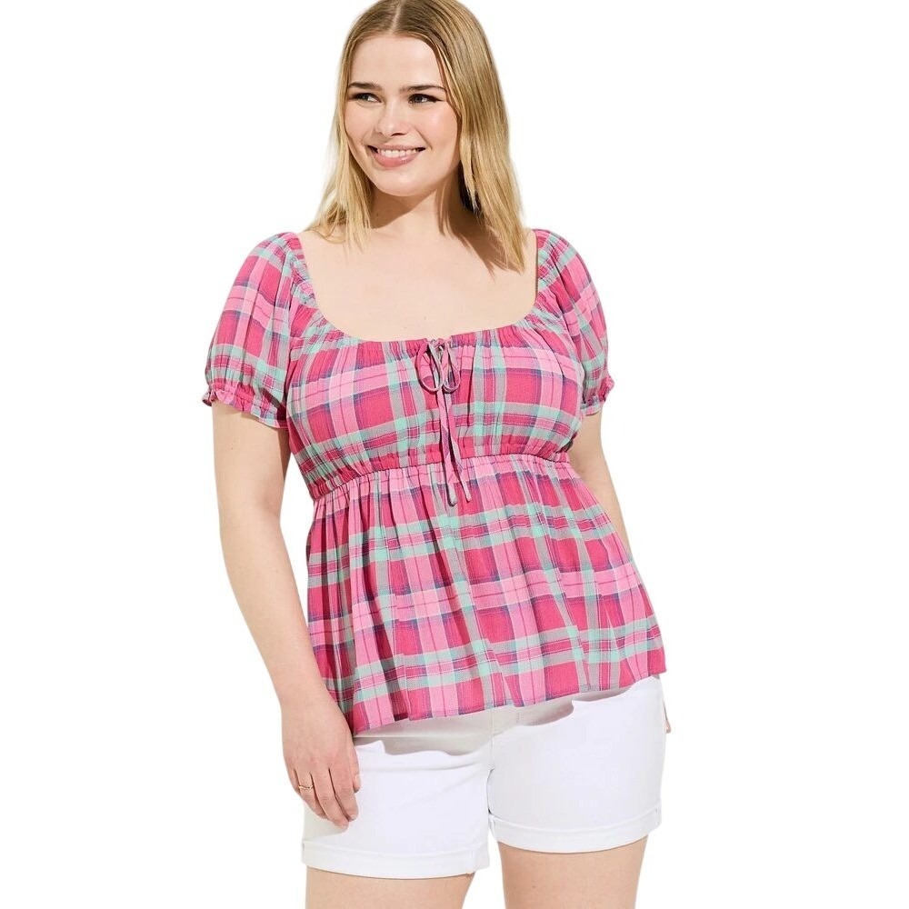 Torrid Babydoll Multi Plaid Crinkle Gauze Tie Front Scoop Neckline Top Size 4